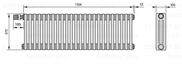 Схема (чертеж) Радиатор Zehnder Charleston 3057/24 №V011 Technoline TL